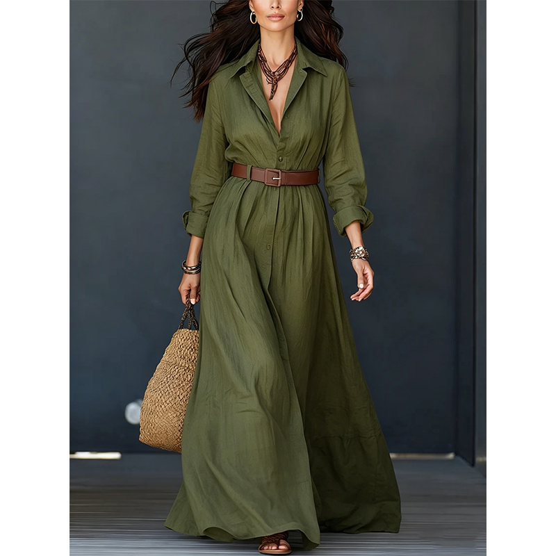 Dames maxi-jurk met lange mouwen en ceintuur, klassieke opstaande kraag, lange jurk voor vakantie en resort