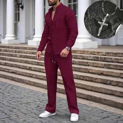 ⏳Tijdelijke aanbieding⏰ Casual tweedelig herenpak bestaande uit een wafelgebreid overhemd en een broek