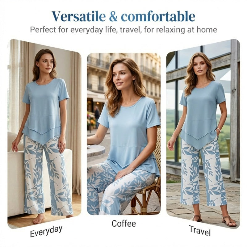 🎁2026 Nieuw Binnen 50% KORTING💥Dames 2-Delig Set – Gelaagde Asymmetrische Tuniek Top & Bedrukte Wijde Broek, Ademend Polyester✨