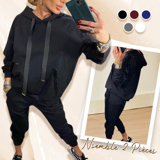 🌷Temps limité 55% DE RÉDUCTION🌷Ensemble 2 pièces de hauts à capuche avec cordon de serrage pour femmes ＆ pantalons💞
