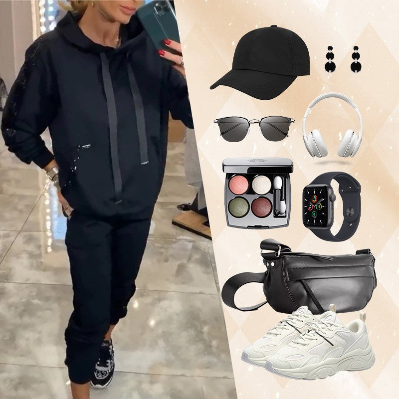 🌷Temps limité 55% DE RÉDUCTION🌷Ensemble 2 pièces de hauts à capuche avec cordon de serrage pour femmes ＆ pantalons💞