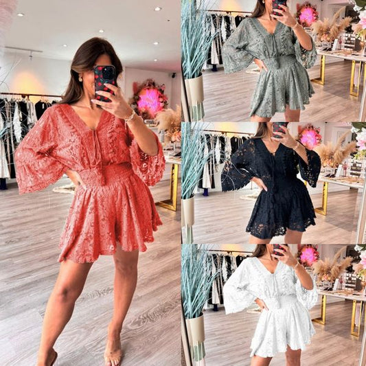 💕Tijdelijke aanbieding: 50% korting💕 Casual pakje met korte broek, V-hals en kant