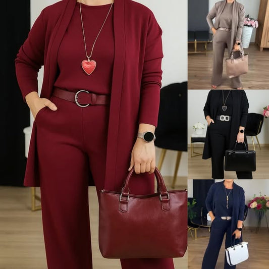 ⏳Especial por tiempo limitado⏰Elegante conjunto de 3 piezas que incluye cárdigan largo, top y pantalón💞