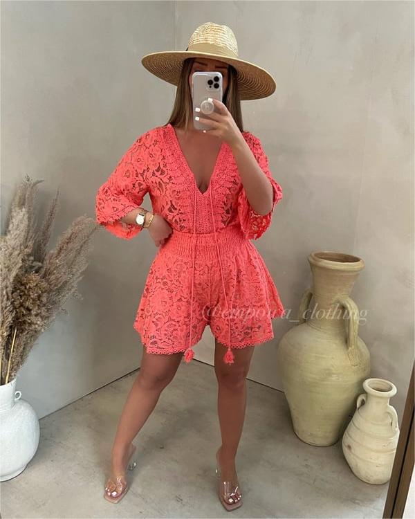 💕Tijdelijke aanbieding: 50% korting💕 Casual pakje met korte broek, V-hals en kant
