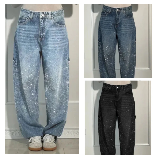👖LAATSTE DAG AANBIEDING - 50% KORTING✨️💐 Rechte damesjeans met strasssteentjes✨