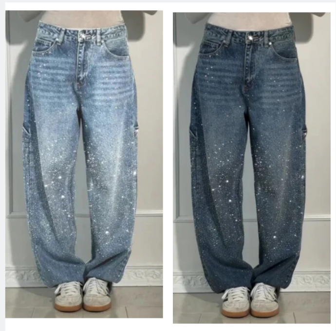 👖LAATSTE DAG AANBIEDING - 50% KORTING✨️💐 Rechte damesjeans met strasssteentjes✨