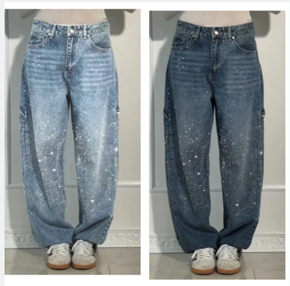 👖LAATSTE DAG AANBIEDING - 50% KORTING✨️💐 Rechte damesjeans met strasssteentjes✨