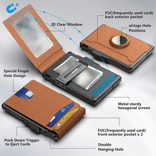 🔥Portemonnee voor mannen💖met Pop Up Aluminium Case Geldclip Slanke lederen sleuven creditcard houder RFID Blokkeren Bifold Minimalistische portemonnee