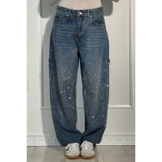 👖LAATSTE DAG AANBIEDING - 50% KORTING✨️💐 Rechte damesjeans met strasssteentjes✨