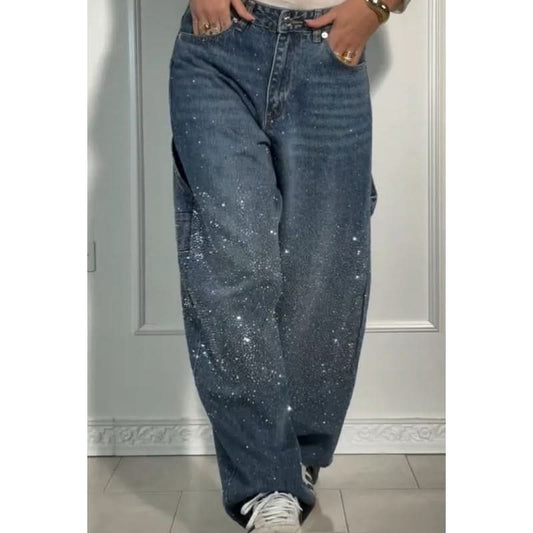 👖LAATSTE DAG AANBIEDING - 50% KORTING✨️💐 Rechte damesjeans met strasssteentjes✨