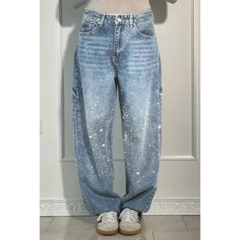 👖LAATSTE DAG AANBIEDING - 50% KORTING✨️💐 Rechte damesjeans met strasssteentjes✨