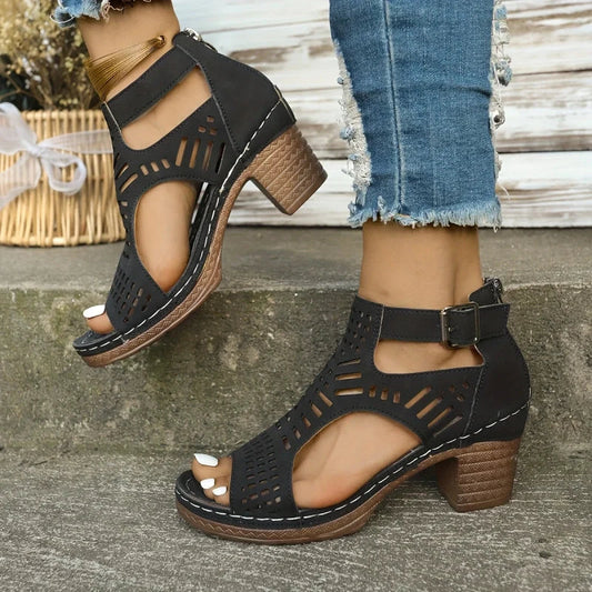 Veelzijdige Hollow Out Mid Heel Open Toe Sandalen