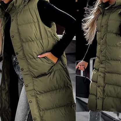 ❄️ Manteau long en duvet pour femme – Capuche amovible, fermeture éclair et boutons – Une élégance chaleureuse pour chaque saison !