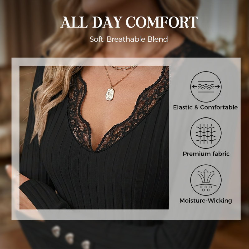 💖 Valentijnsdeal | Elegante V-hals Top met Kanten Details – Vrouwelijk, Comfortabel & Perfect voor Elke Date