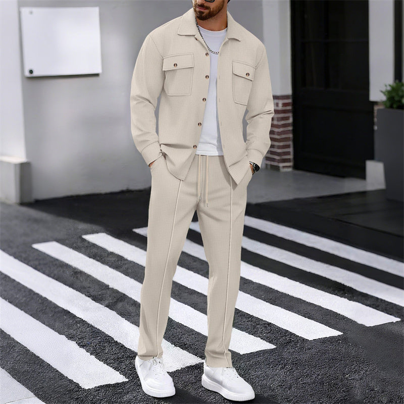 🔥Heren Wafel Doorknoop Jas & Broek Set – Ademende Wafel Brei, Ontspannen Pasvorm & Moeiteloze Casual Stijl 👕👖
