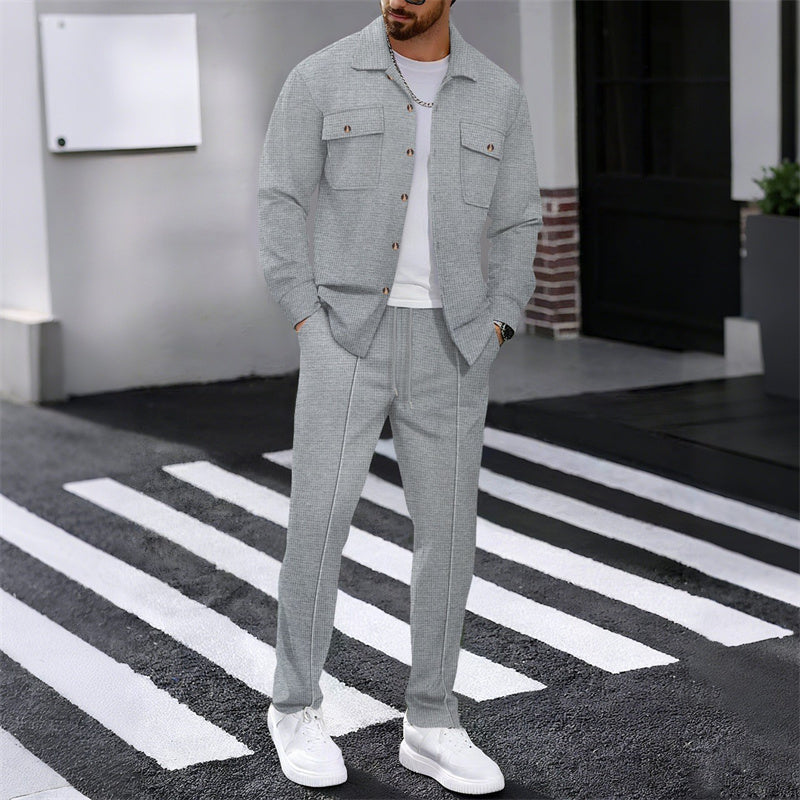 🔥Heren Wafel Doorknoop Jas & Broek Set – Ademende Wafel Brei, Ontspannen Pasvorm & Moeiteloze Casual Stijl 👕👖