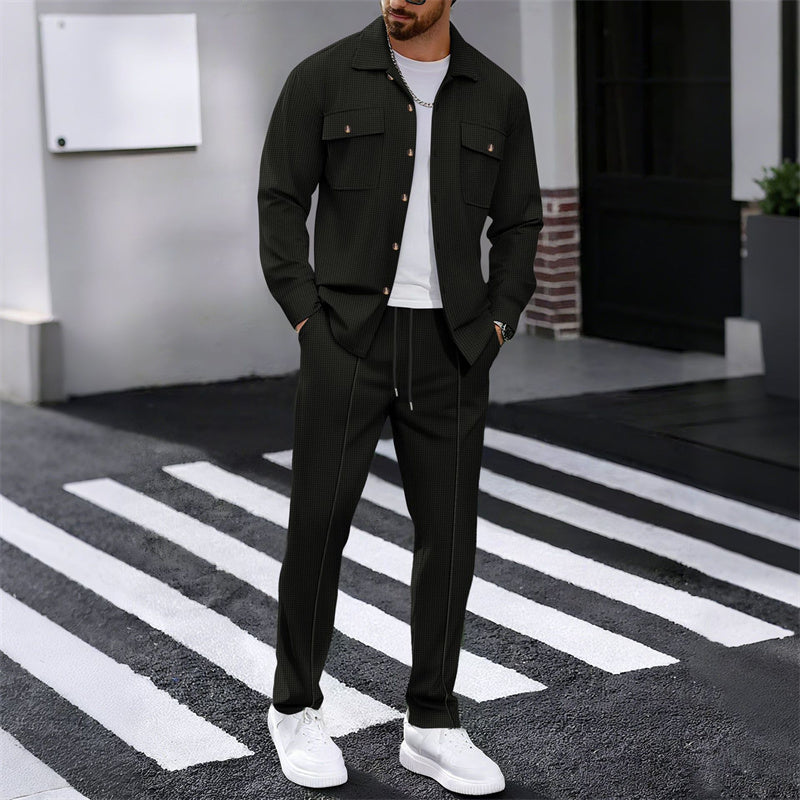 🔥Heren Wafel Doorknoop Jas & Broek Set – Ademende Wafel Brei, Ontspannen Pasvorm & Moeiteloze Casual Stijl 👕👖