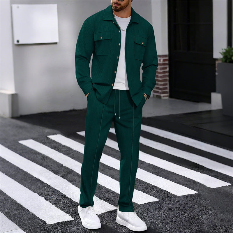 🔥Heren Wafel Doorknoop Jas & Broek Set – Ademende Wafel Brei, Ontspannen Pasvorm & Moeiteloze Casual Stijl 👕👖