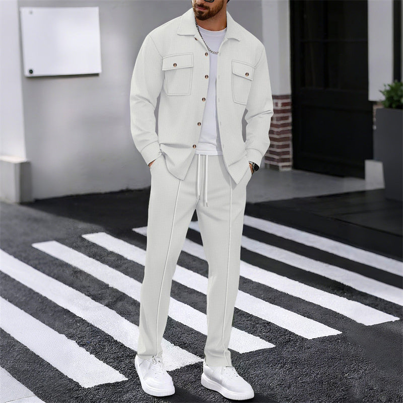 🔥Heren Wafel Doorknoop Jas & Broek Set – Ademende Wafel Brei, Ontspannen Pasvorm & Moeiteloze Casual Stijl 👕👖