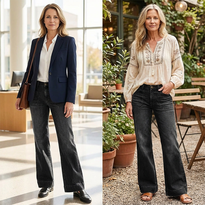 🎉Nieuwjaars Cadeau 50% KORTING!👖Retro Flare Jeans Dames – Slank Effect, Comfortabele Stretch & Utilitaire Zakken!
