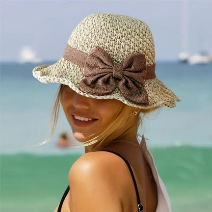 Opvouwbare Strohoed met Retro Strik – Ademende Zomerhoed voor Dames