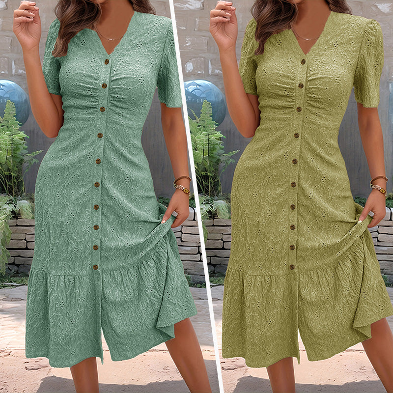 🔥 LAATSTE DAG – 50% KORTING 🌞💃 Dames midi-jurk met korte mouwen, V-hals en knoopsluiting