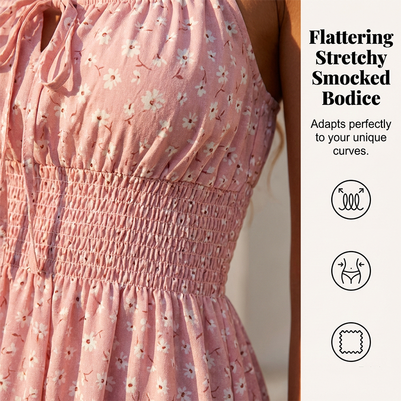 👗 TIJDELIJK 50% KORTING! 🎀 Jurk met strik aan de voorkant en smockwerk – Spaghettibandjes, ruches aan de zoom, flatterend smocklijfje 🌸