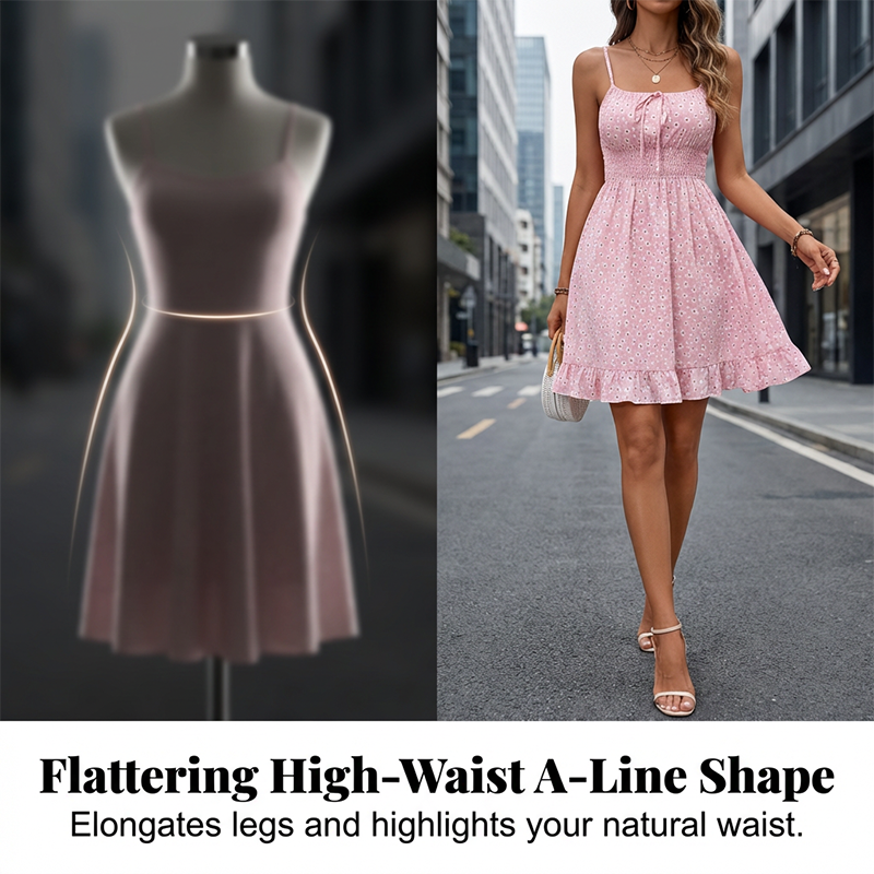 👗 TIJDELIJK 50% KORTING! 🎀 Jurk met strik aan de voorkant en smockwerk – Spaghettibandjes, ruches aan de zoom, flatterend smocklijfje 🌸