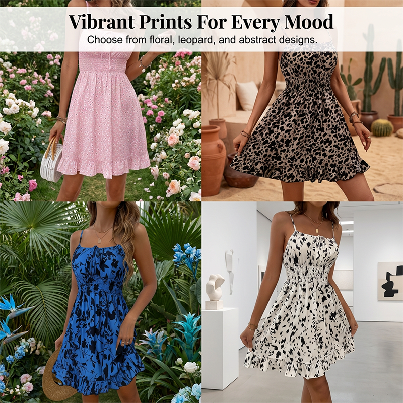 👗 TIJDELIJK 50% KORTING! 🎀 Jurk met strik aan de voorkant en smockwerk – Spaghettibandjes, ruches aan de zoom, flatterend smocklijfje 🌸