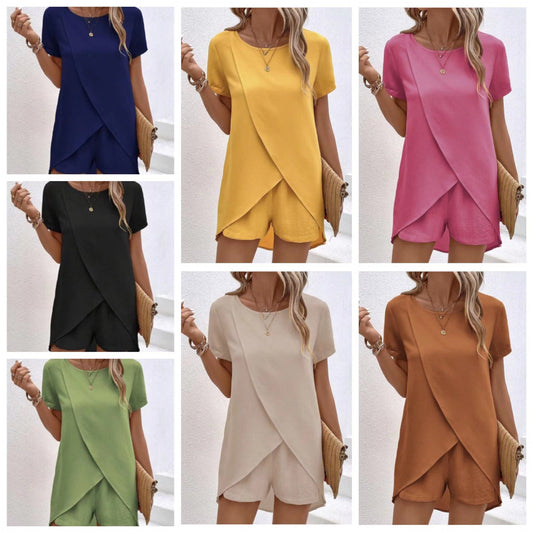 📢📢 50% KORTING !! ⏰ Tweedelig setje voor dames: top en short in effen kleur met onregelmatige vorm
