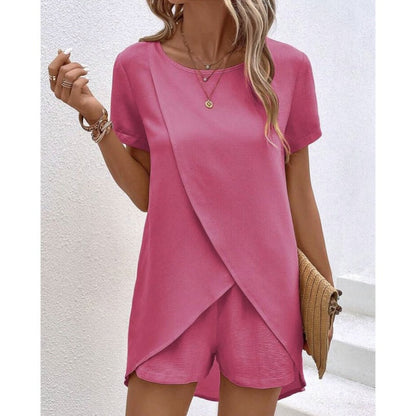 📢📢 50% KORTING !! ⏰ Tweedelig setje voor dames: top en short in effen kleur met onregelmatige vorm