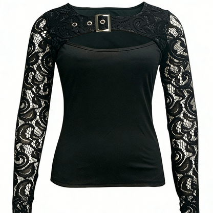 👚 50% RABATT!🔥 Damernas Sexiga Urringning Spetsärm Topp – Edgy Spänne Detalj, Stretchpassform & Romantiska Genomskinliga Ärmar