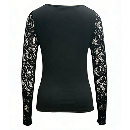 👚 50% RABATT!🔥 Damernas Sexiga Urringning Spetsärm Topp – Edgy Spänne Detalj, Stretchpassform & Romantiska Genomskinliga Ärmar