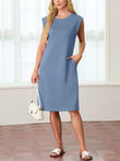 Dames Ronde Hals Loose Split Strijkvrije Midi Jurk met Zakken