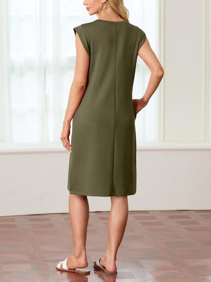 Dames Ronde Hals Loose Split Strijkvrije Midi Jurk met Zakken