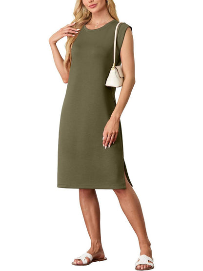 Dames Ronde Hals Loose Split Strijkvrije Midi Jurk met Zakken