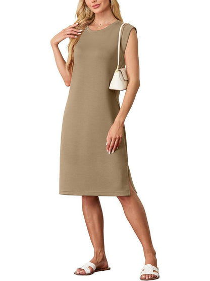 Dames Ronde Hals Loose Split Strijkvrije Midi Jurk met Zakken