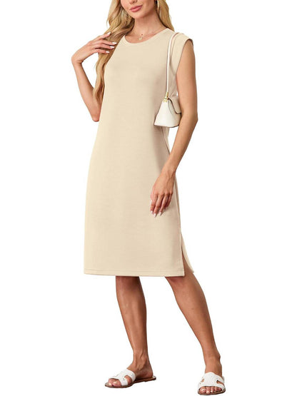 Dames Ronde Hals Loose Split Strijkvrije Midi Jurk met Zakken
