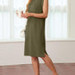 Dames Ronde Hals Loose Split Strijkvrije Midi Jurk met Zakken