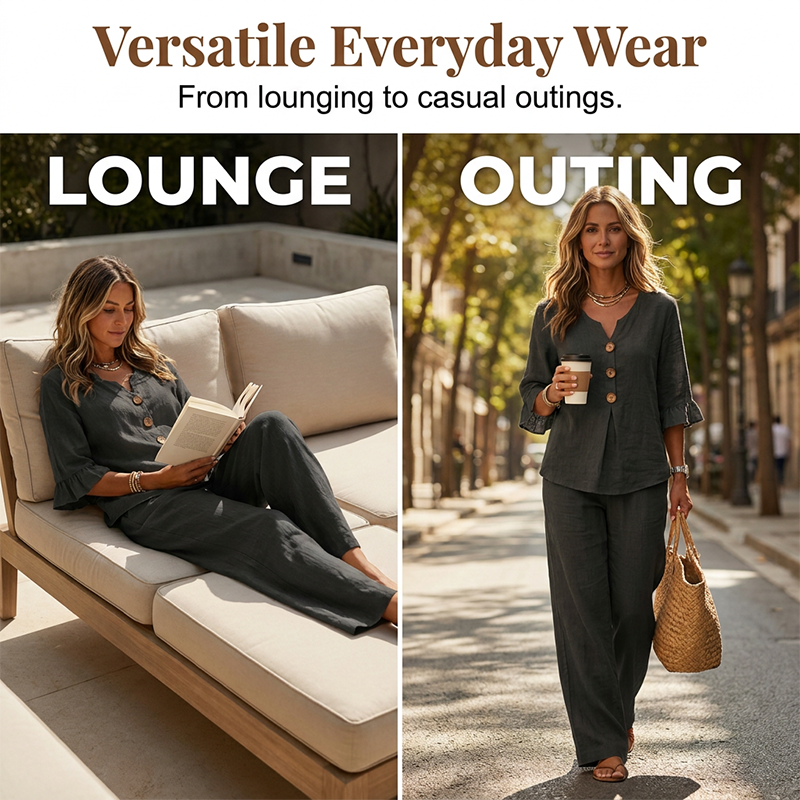 👚👖 Dames Set met Ruches Top & Wijde Pijpen Broek – Elegant & Comfortabel ✨