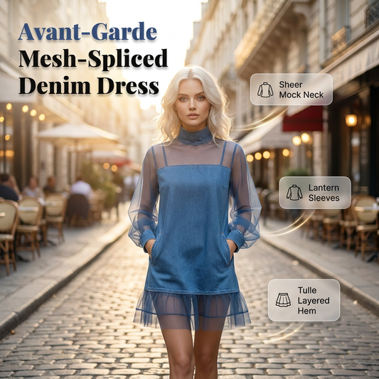 ⏰ TIJDELIJKE KORTING👗 Spijkerjurk met gaasmouwen, unieke kraag & elegante look