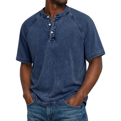 ⏰ TIJDELIJKE KORTING 👕Denim-katoen top, bandkraag & vintage wassing, ruim bewegingsbereik