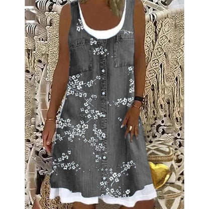🔥50K+ VERKOCHT | KORTING TOT DE HELFT 🌸 Damesjurk KWALITATIEVE MENGSTOF, imitatie tweedelig denim bloemenprint losse pasvorm