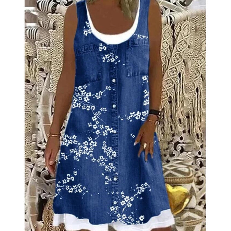 🔥50K+ VERKOCHT | KORTING TOT DE HELFT 🌸 Damesjurk KWALITATIEVE MENGSTOF, imitatie tweedelig denim bloemenprint losse pasvorm