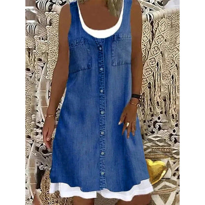 🔥50K+ VERKOCHT | KORTING TOT DE HELFT 🌸 Damesjurk KWALITATIEVE MENGSTOF, imitatie tweedelig denim bloemenprint losse pasvorm