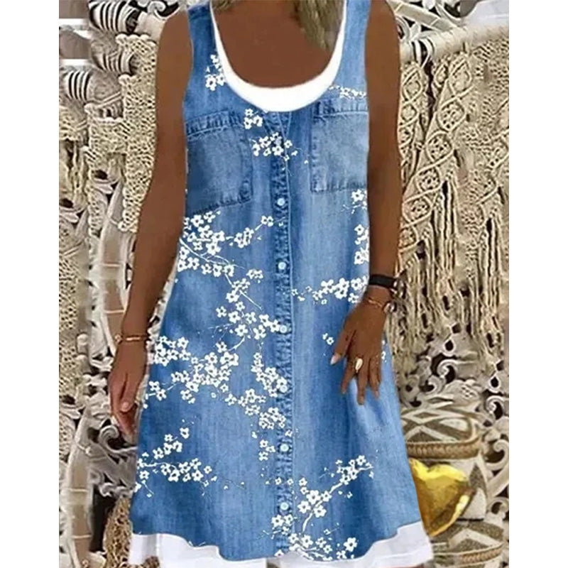 🔥50K+ VERKOCHT | KORTING TOT DE HELFT 🌸 Damesjurk KWALITATIEVE MENGSTOF, imitatie tweedelig denim bloemenprint losse pasvorm