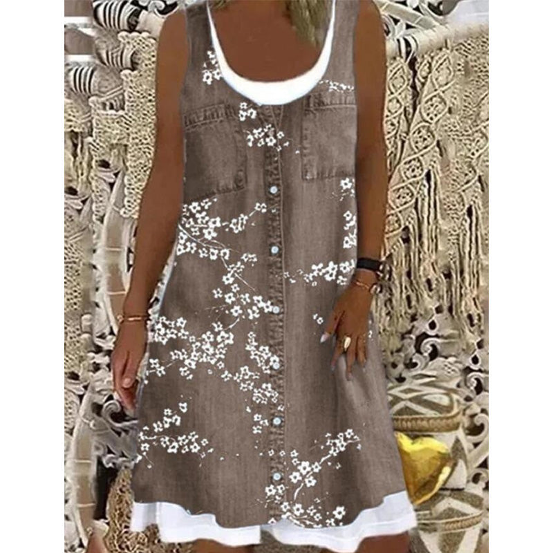 🔥50K+ VERKOCHT | KORTING TOT DE HELFT 🌸 Damesjurk KWALITATIEVE MENGSTOF, imitatie tweedelig denim bloemenprint losse pasvorm