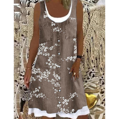 🔥50K+ VERKOCHT | KORTING TOT DE HELFT 🌸 Damesjurk KWALITATIEVE MENGSTOF, imitatie tweedelig denim bloemenprint losse pasvorm