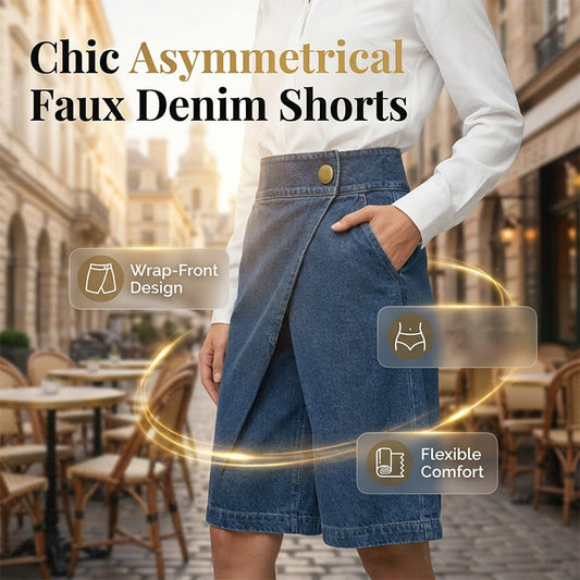 👖Asymmetrische Shorts Met Wijde Pijpen – Chique Imitatie Denim & Vintage Elegantie