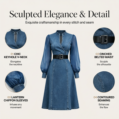👗Midi-jurk van denim met slanke pasvorm en opstaande kraag – Elegante, alledaagse chic✨